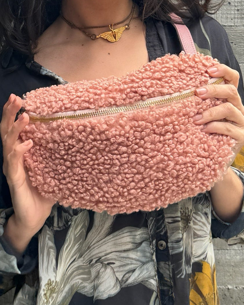 Fanny Bag - Teddy soft fabric and Leather - Coral
