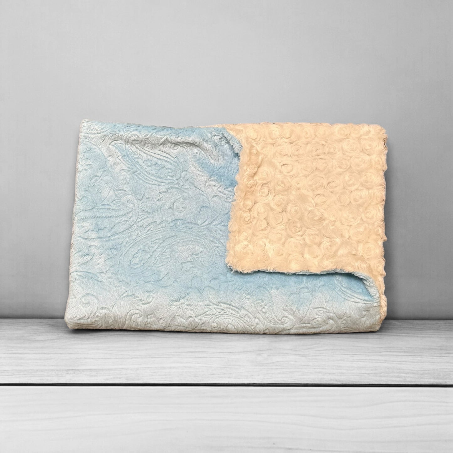 Paisley Baby Blanket in Embossed Blue with Ivory Rosebud