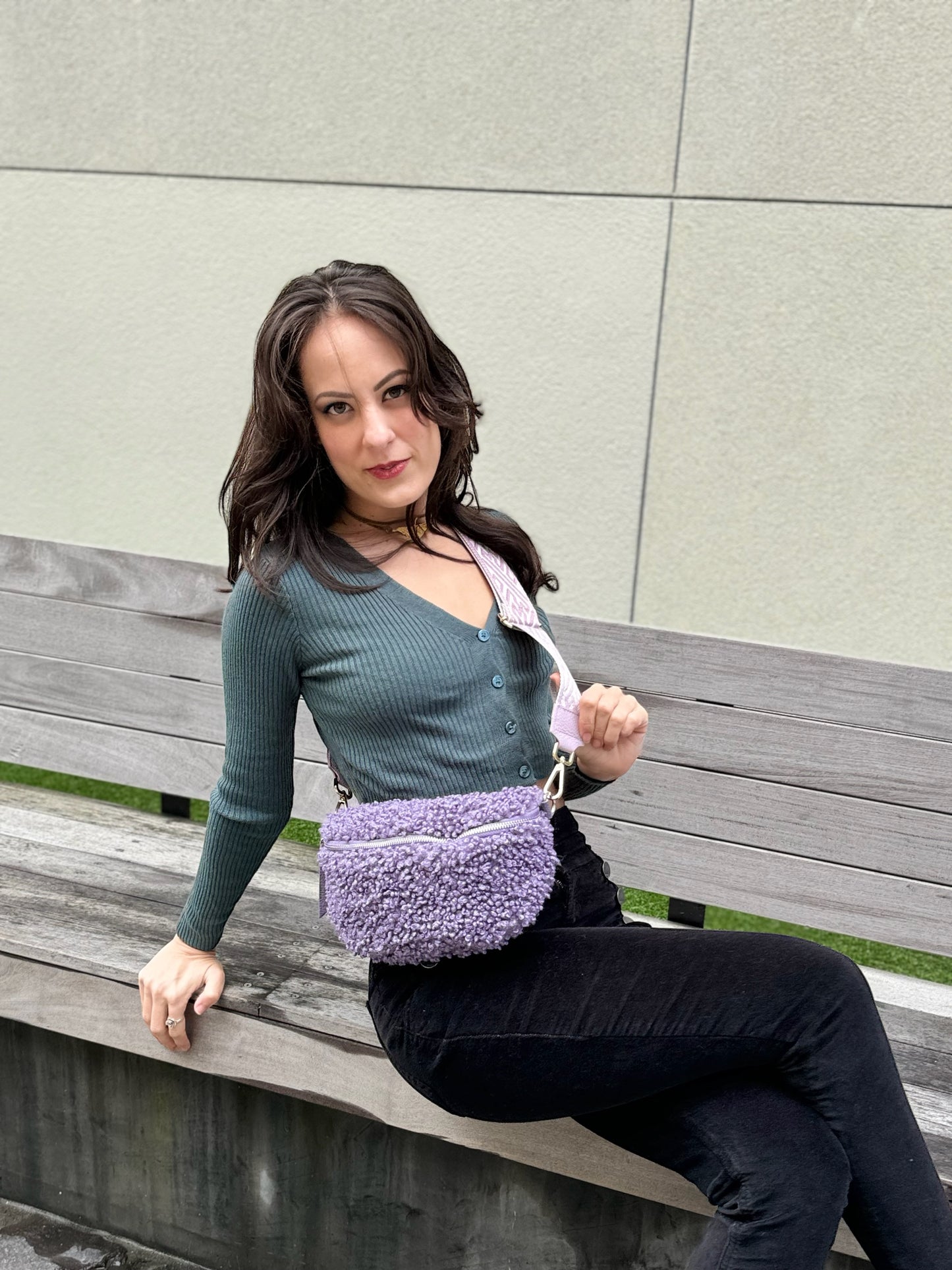 Fanny Bag - Teddie soft fabric and Leather - Purple.