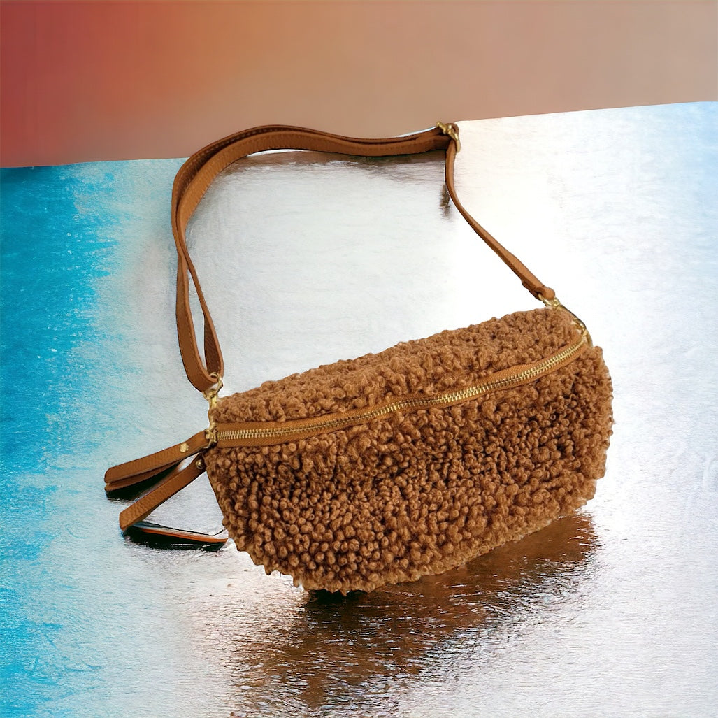 Fanny Bag - Teddie soft fabric and Leather - Carmel