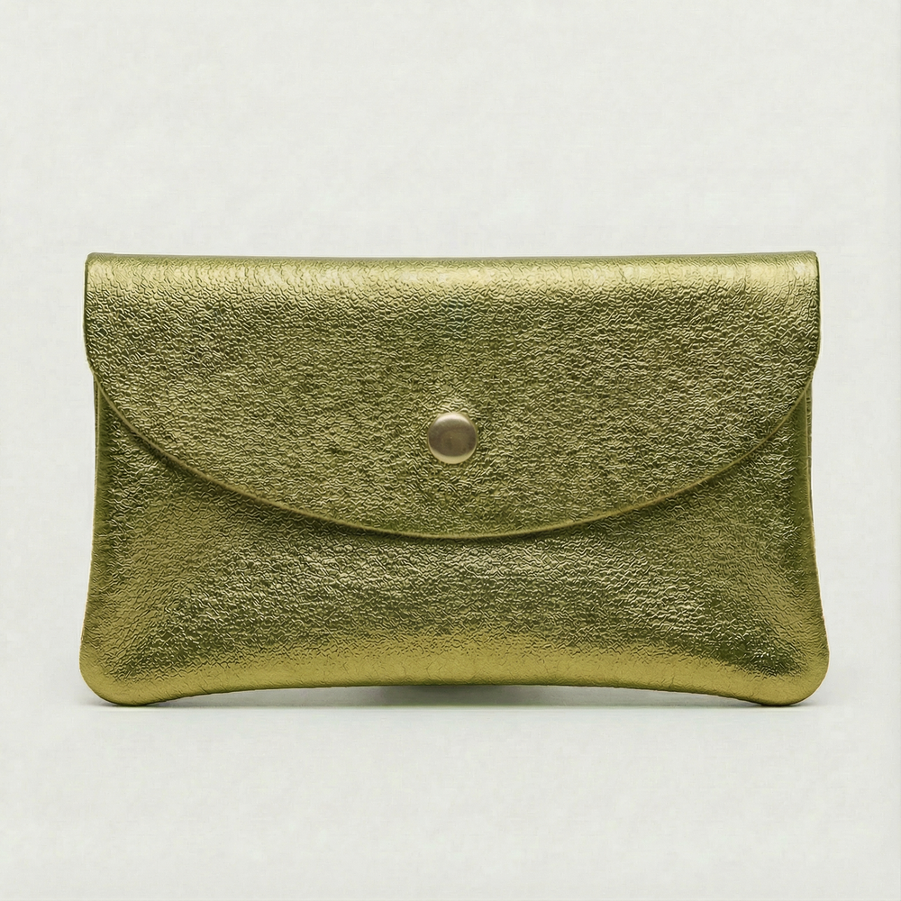 Pistachio metallic leather wallet available in mini coin wallet, coin wallet, and cellphone wallet sizes.