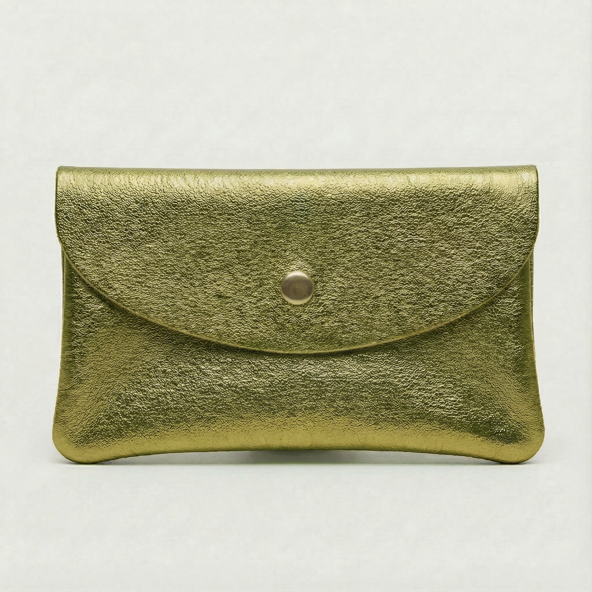 Pistachio metallic leather wallet available in mini coin wallet, coin wallet, and cellphone wallet sizes.