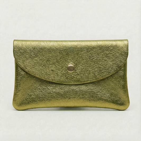 Pistachio metallic leather wallet available in mini coin wallet, coin wallet, and cellphone wallet sizes.