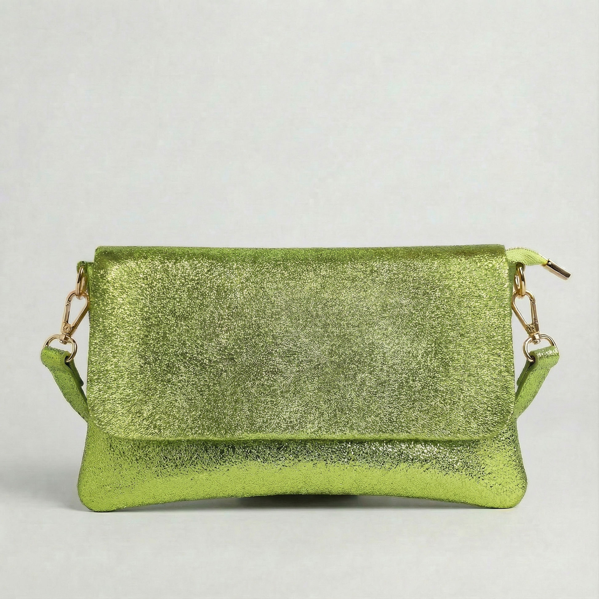 Neon Green metallic leather crossbody bag with a matching color leather strap, displayed on a light gray background.
