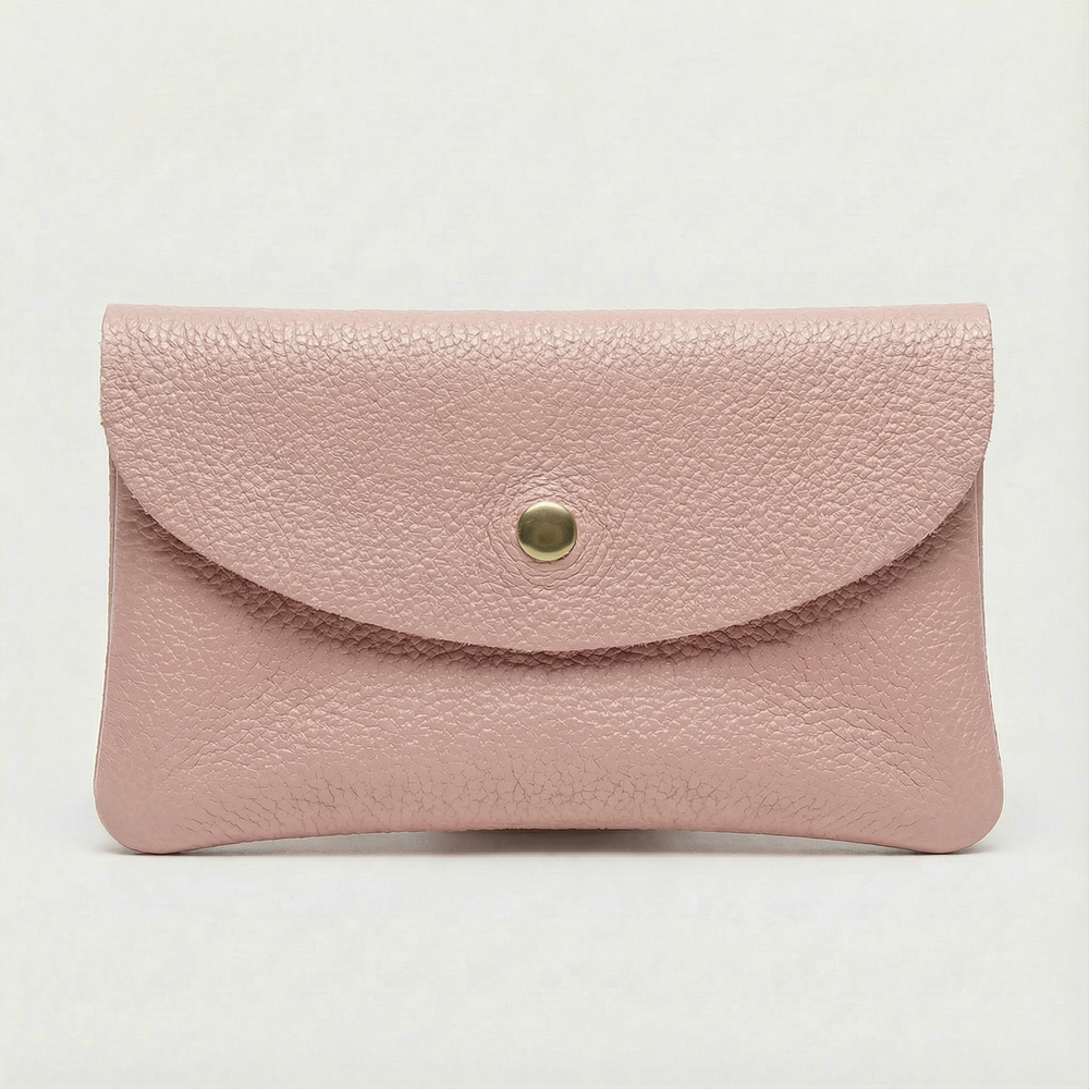 Dusty Pink pebble leather wallet collection featuring Mini Coin Wallet, Coin Wallet, and Cellphone Wallet in genuine leather, made in Italy.