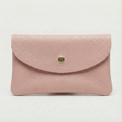 Dusty Pink pebble leather wallet collection featuring Mini Coin Wallet, Coin Wallet, and Cellphone Wallet in genuine leather, made in Italy., view 1