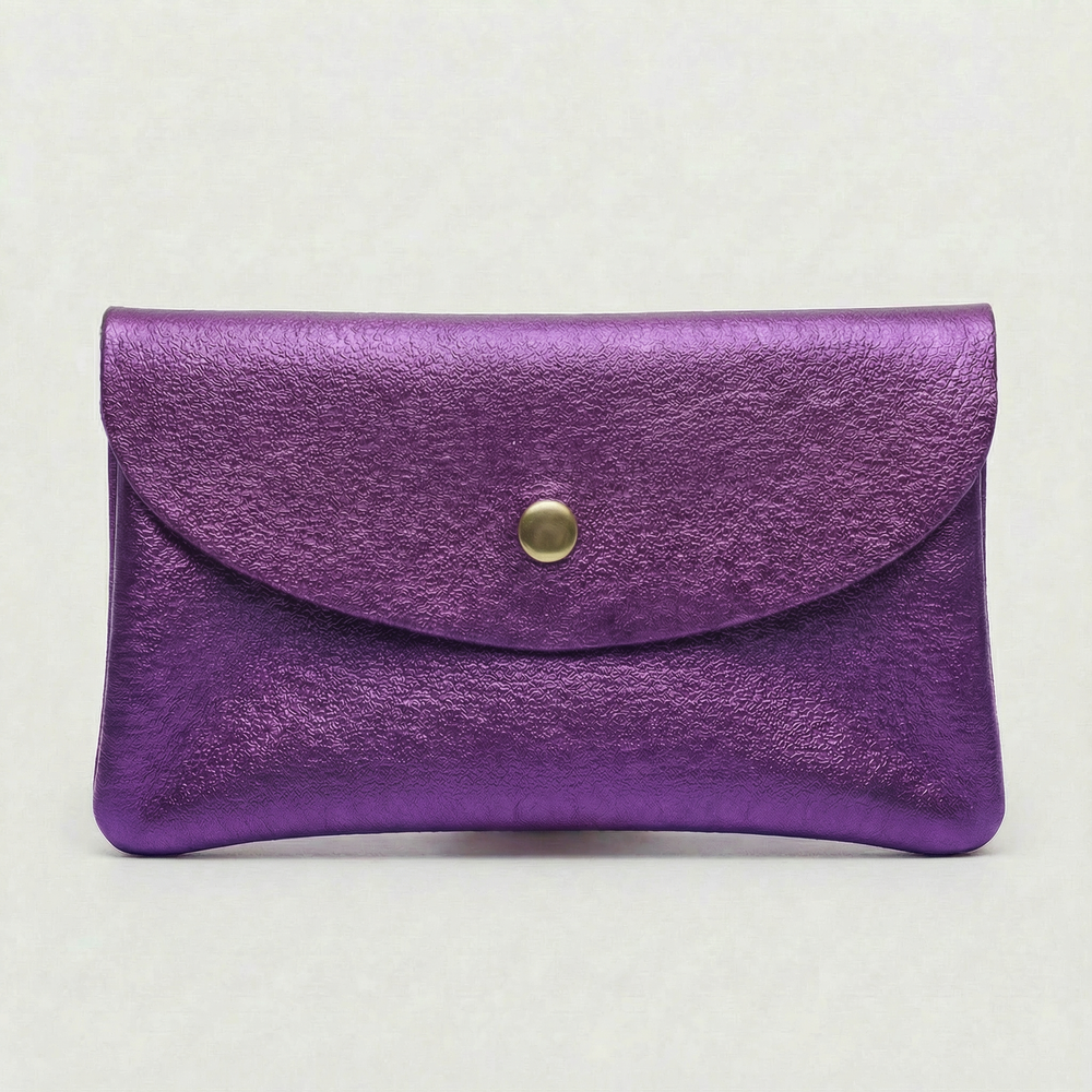 Purple metallic leather wallet available in mini coin wallet, coin wallet, and cellphone wallet sizes.