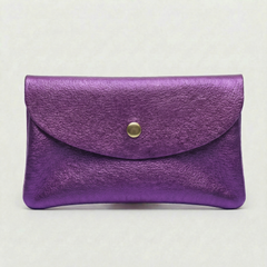 Purple metallic leather wallet available in mini coin wallet, coin wallet, and cellphone wallet sizes., view 1