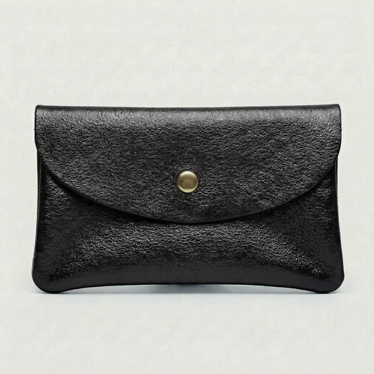 Black leather wallet with a gold button on a light gray background
