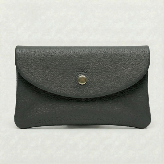 Cement pebble leather mini coin wallet with snap closure, compact Italian‑made design for coins and small essentials