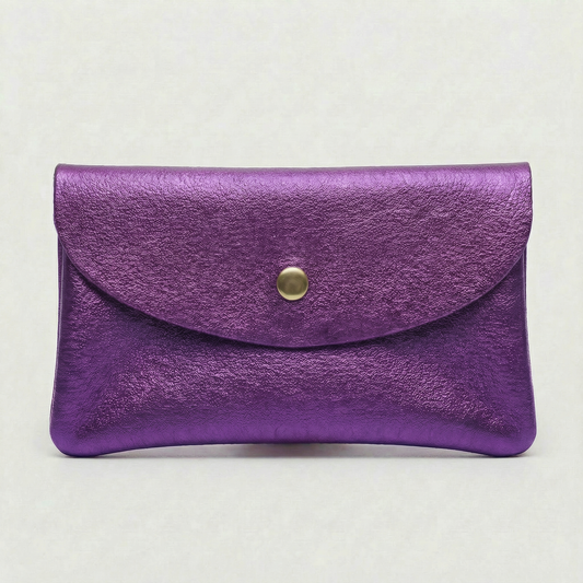 Purple metallic leather coin wallet with textured finish, snap closure, compact Italian‑made design, stylish everyday accessory