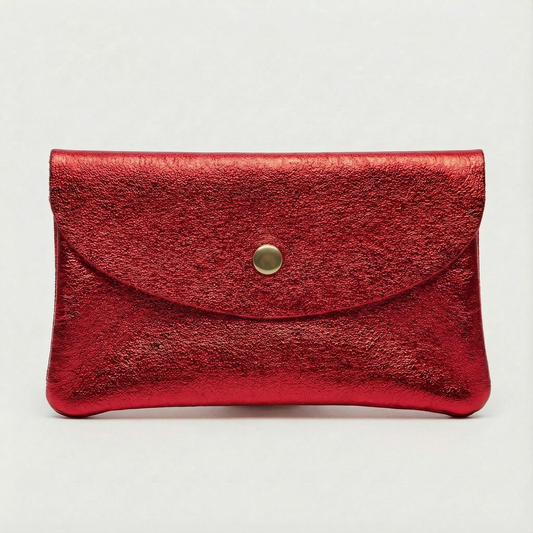 Red metallic leather wallet available in mini coin wallet, coin wallet, and cellphone wallet sizes.