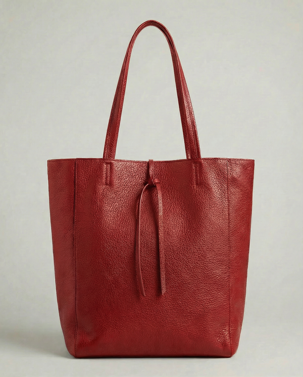 Red pebble leather tote bag available in Tote Bag and Mini Tote sizes. 