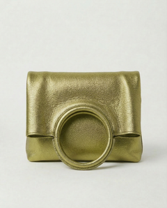 Pistachio metallic ring bag with circular handles on a light gray background, view 2