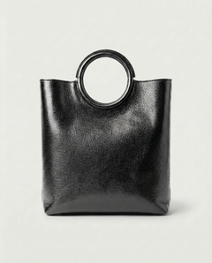 Metallic black leather ring bag with circular top handle and structured silhouette, sleek and modern design., view 1