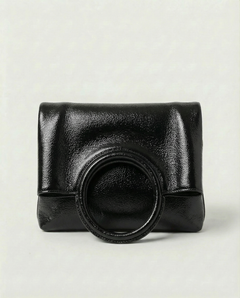 Metallic black leather ring bag with circular top handle and structured silhouette, sleek and modern design., view 2
