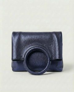 Metallic indigo leather ring bag with circular top handle and structured silhouette, sleek and modern design., view 2