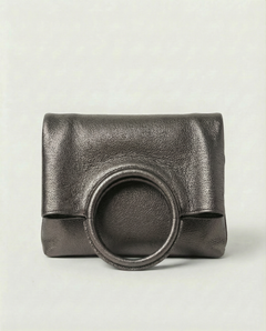 Metallic pewter leather ring bag with circular top handle and structured silhouette, sleek and modern design., view 2