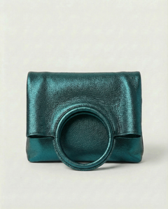 Metallic teal leather ring bag with circular top handle and structured silhouette, sleek and modern design., view 2