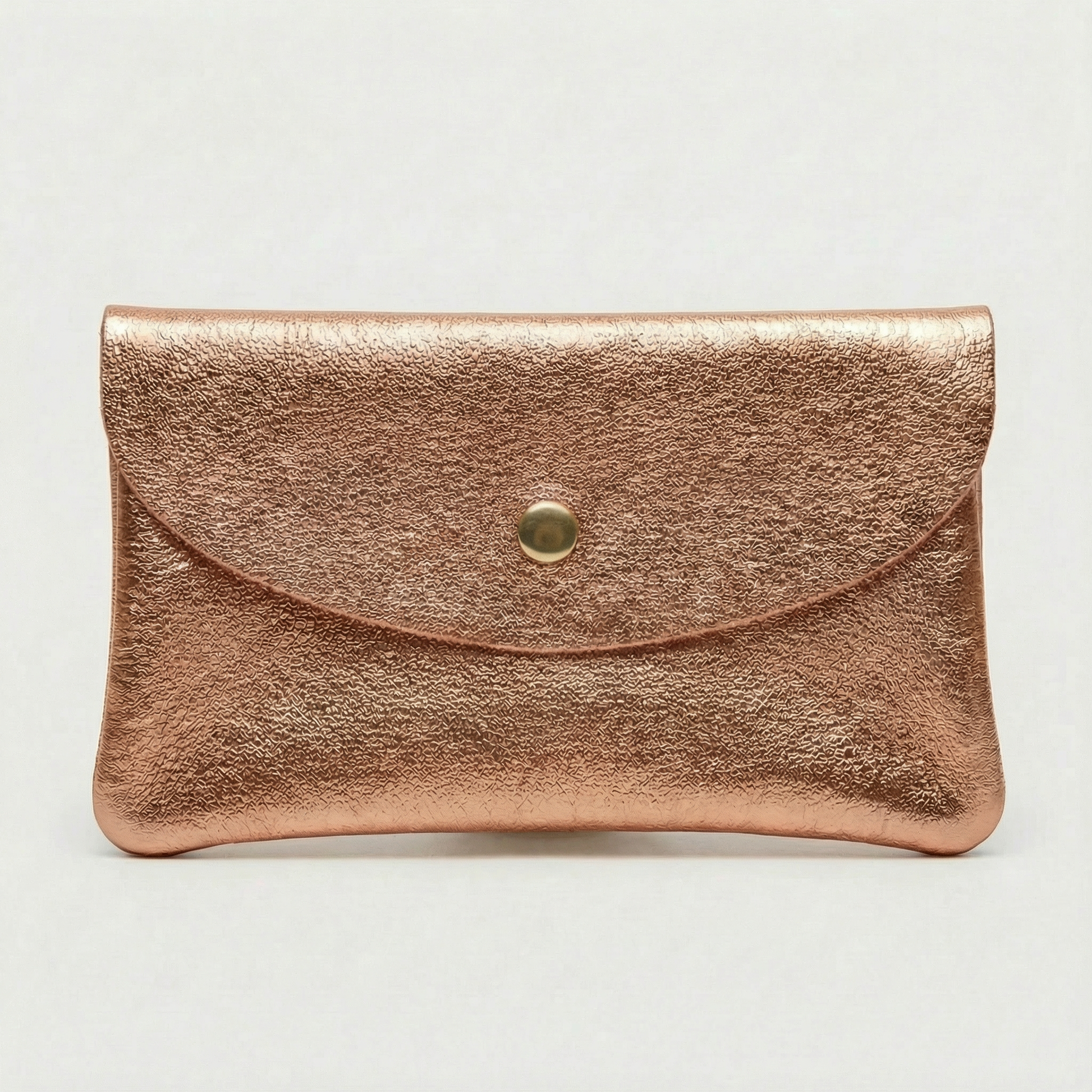 Rose Gold metallic leather coin wallet with textured finish, snap closure, compact Italian‑made design, stylish everyday accessory