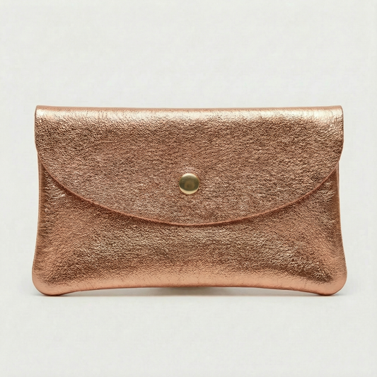 Rose Gold metallic leather coin wallet with textured finish, snap closure, compact Italian‑made design, stylish everyday accessory