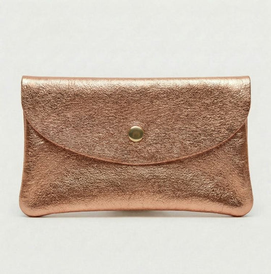 Rose Gold metallic leather wallet available in mini coin wallet, coin wallet, and cellphone wallet sizes.