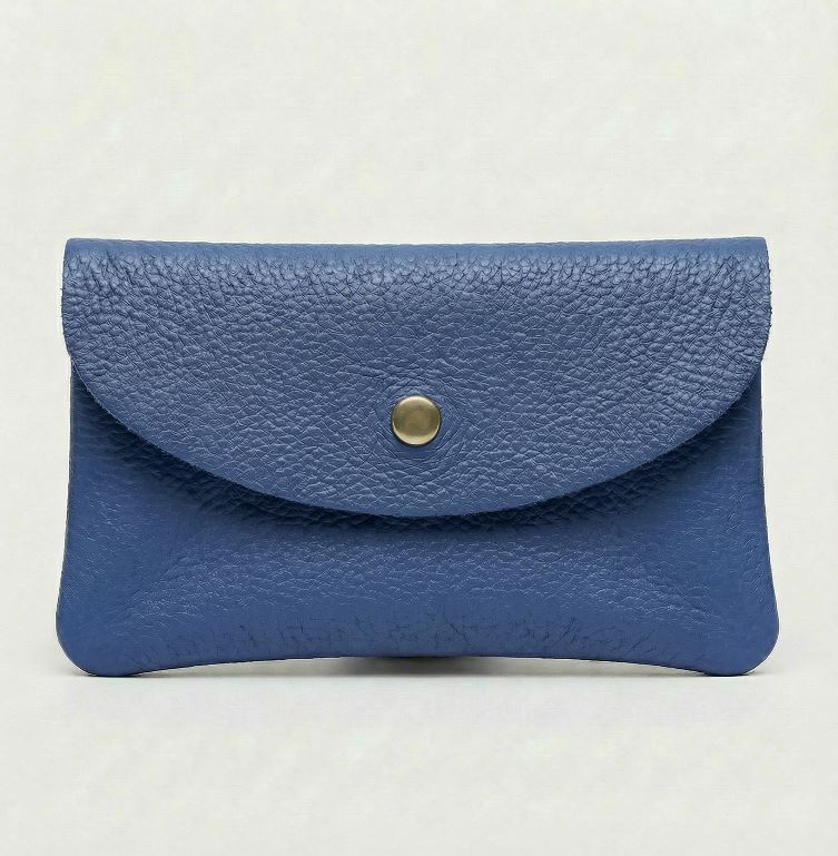 Royal Blue color leather cellphone wallet with a gold button on a white background