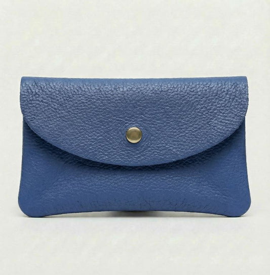 Royal Blue color leather cellphone wallet with a gold button on a white background
