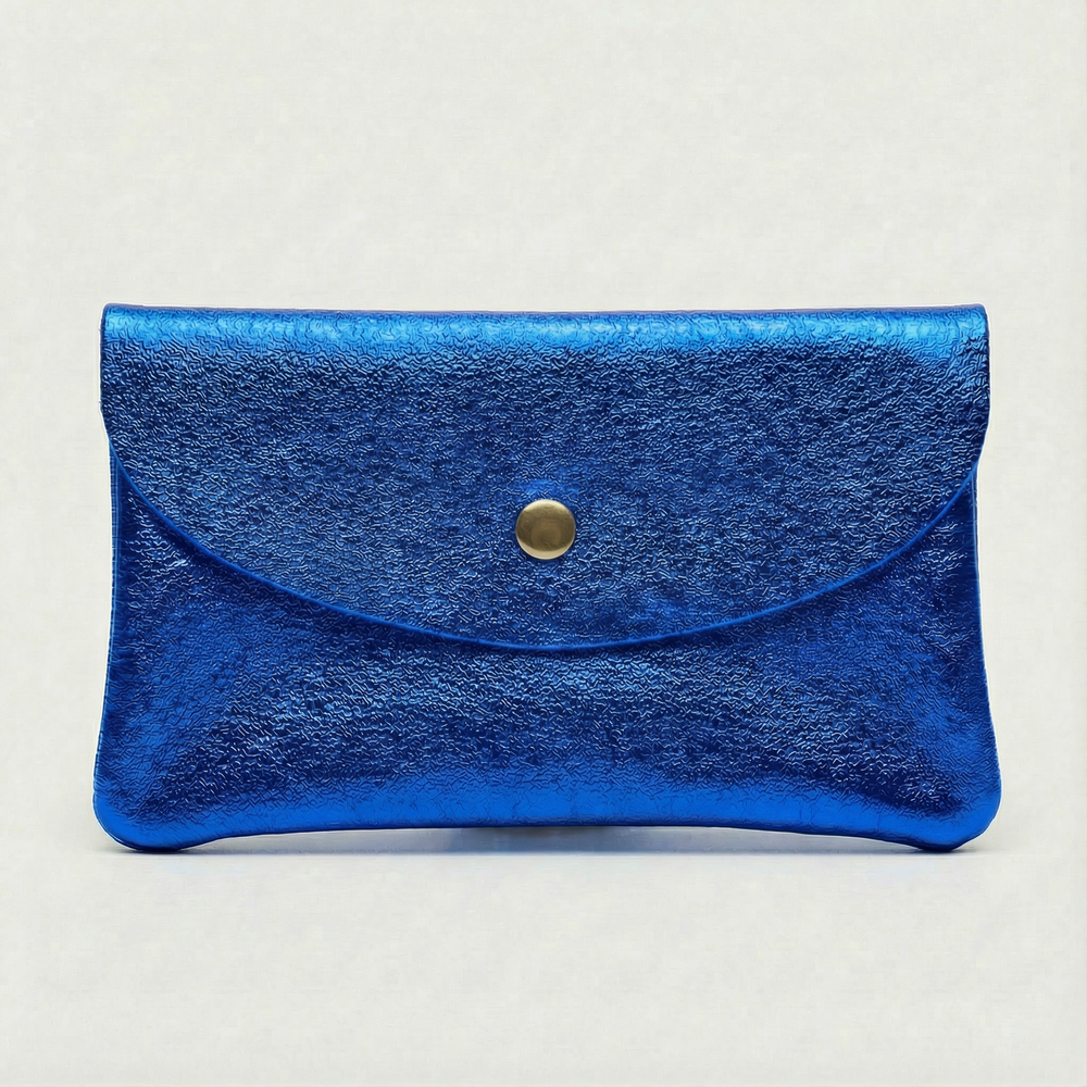 Royal Blue metallic leather wallet available in mini coin wallet, coin wallet, and cellphone wallet sizes.