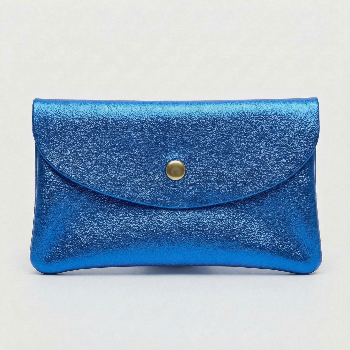 Royal Blue metallic leather coin wallet with textured finish, snap closure, compact Italian‑made design, stylish everyday accessory