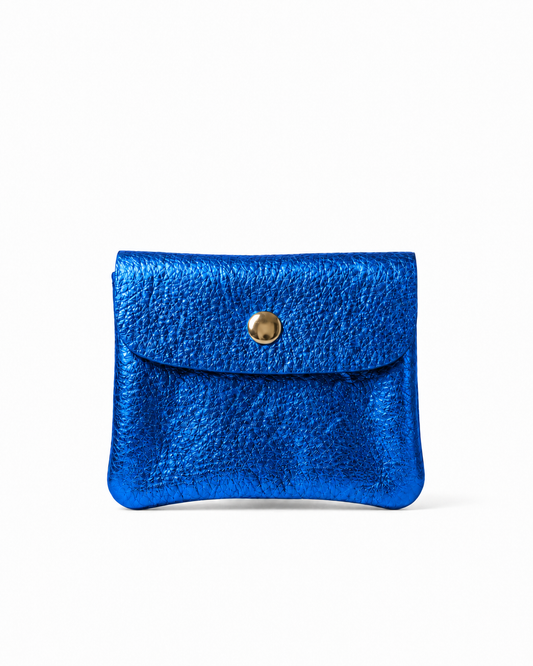 Mini coin wallet in royal blue metallic leather with snap closure, compact Italian‑made design for coins and small essentials