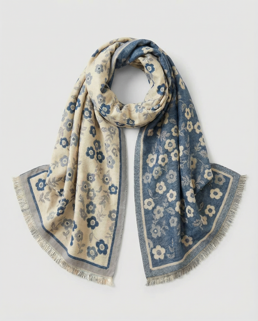 Floral patterned wrap with blue and beige colors on a light gray background