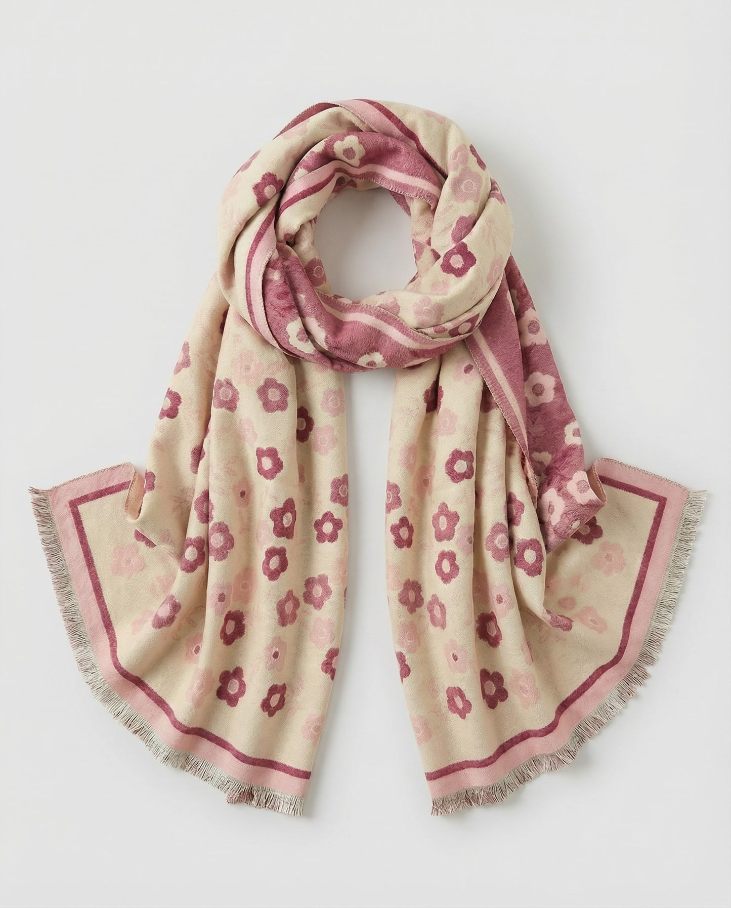 Beige wrap with magenta floral patterned on a white background