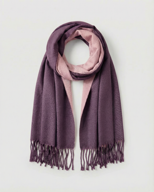 Purple wrap with pink center draped over a white background