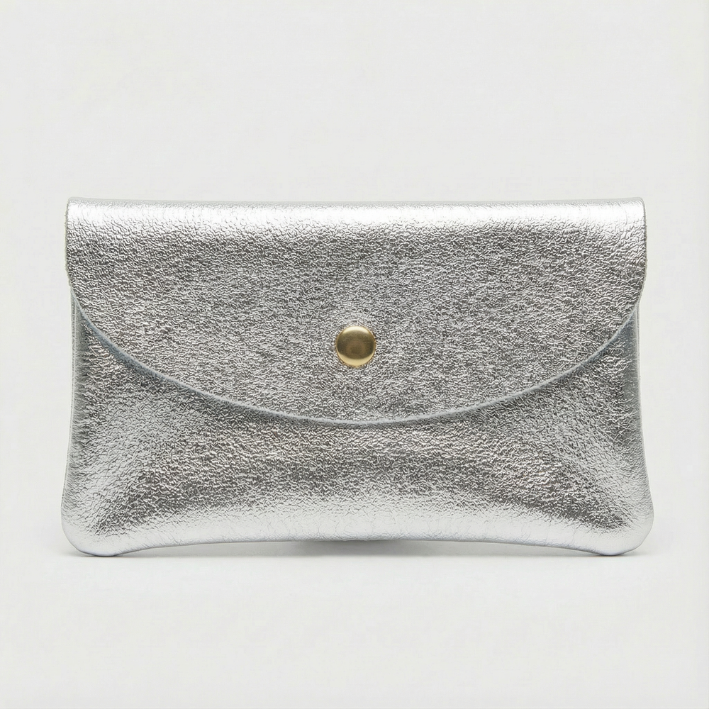 Silver metallic leather wallet available in mini coin wallet, coin wallet, and cellphone wallet sizes.