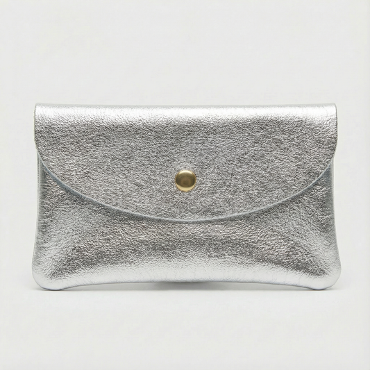 Silver metallic leather wallet available in mini coin wallet, coin wallet, and cellphone wallet sizes.