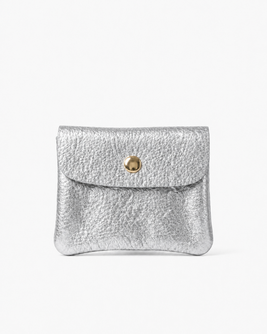 Mini coin wallet in silver metallic leather with snap closure, compact Italian‑made design for coins and small essentials
