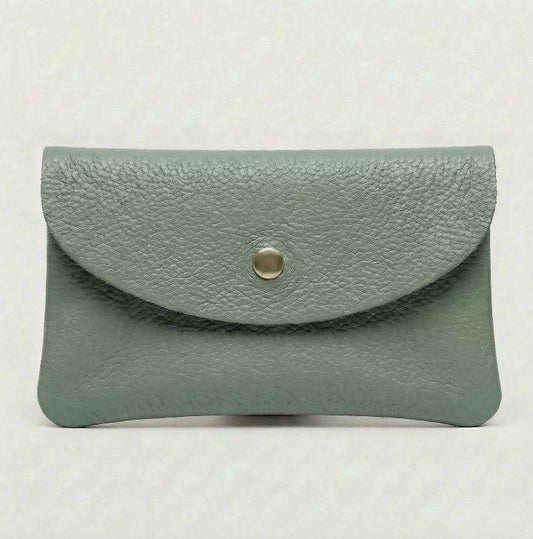Spruce color leather cellphone wallet with a gold button on a white background