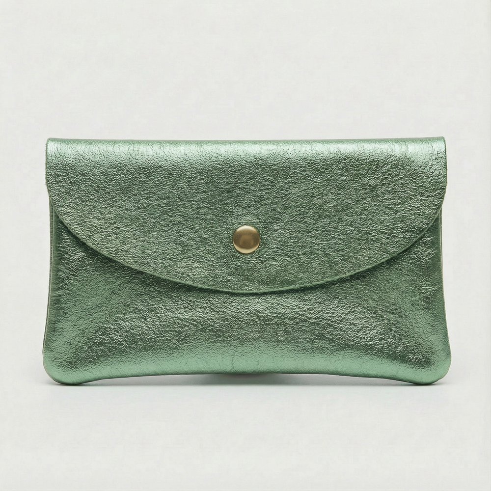 Spruce metallic leather wallet available in mini coin wallet, coin wallet, and cellphone wallet sizes.