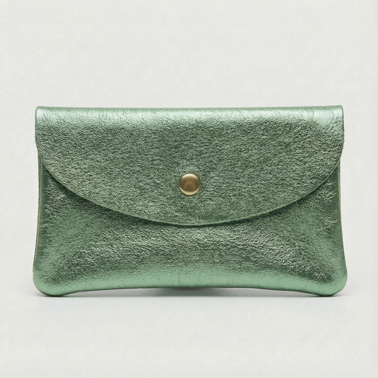 Spruce metallic leather wallet available in mini coin wallet, coin wallet, and cellphone wallet sizes.