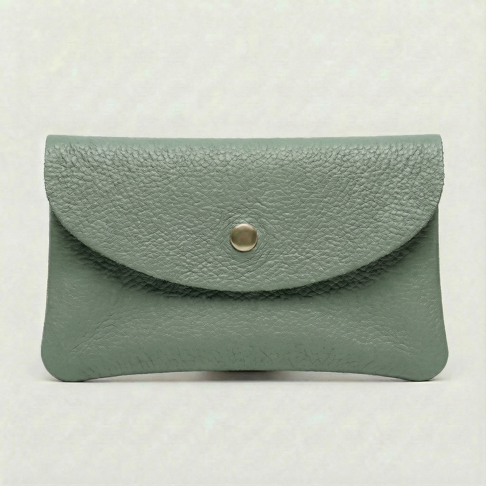 Spruce pebble leather wallet collection featuring Mini Coin Wallet, Coin Wallet, and Cellphone Wallet in genuine leather, made in Italy.