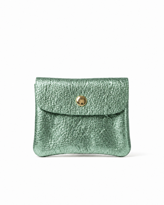 Mini coin wallet in spruce metallic leather with snap closure, compact Italian‑made design for coins and small essentials