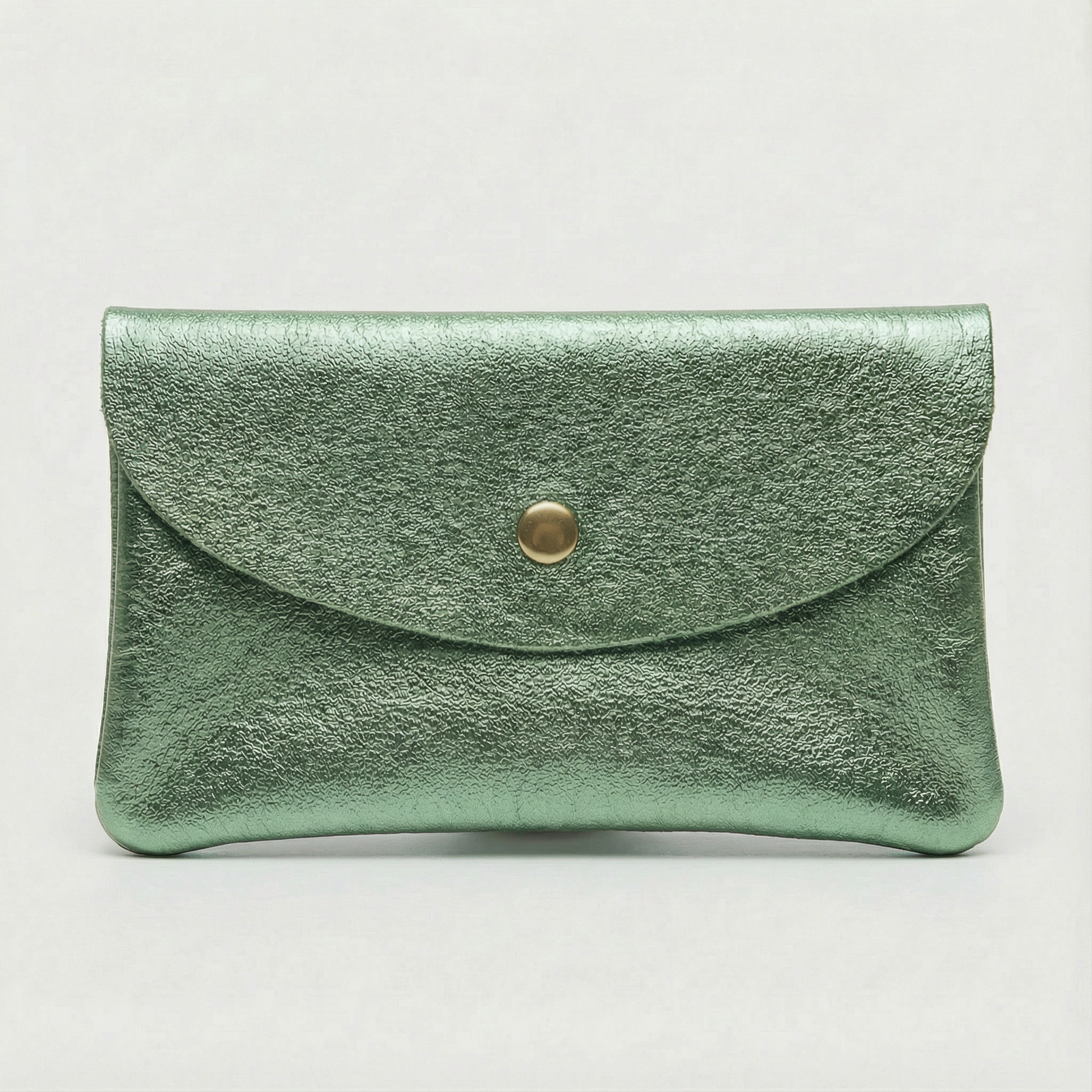 Spruce metallic leather coin wallet with textured finish, snap closure, compact Italian‑made design, stylish everyday accessory