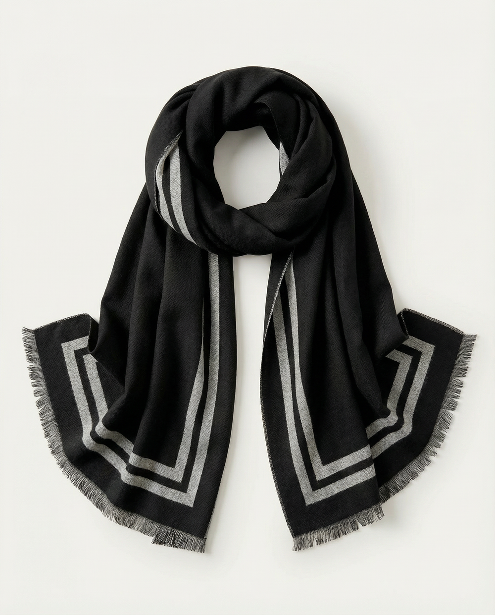 Black scarf with gray geometric patterns on a light gray background