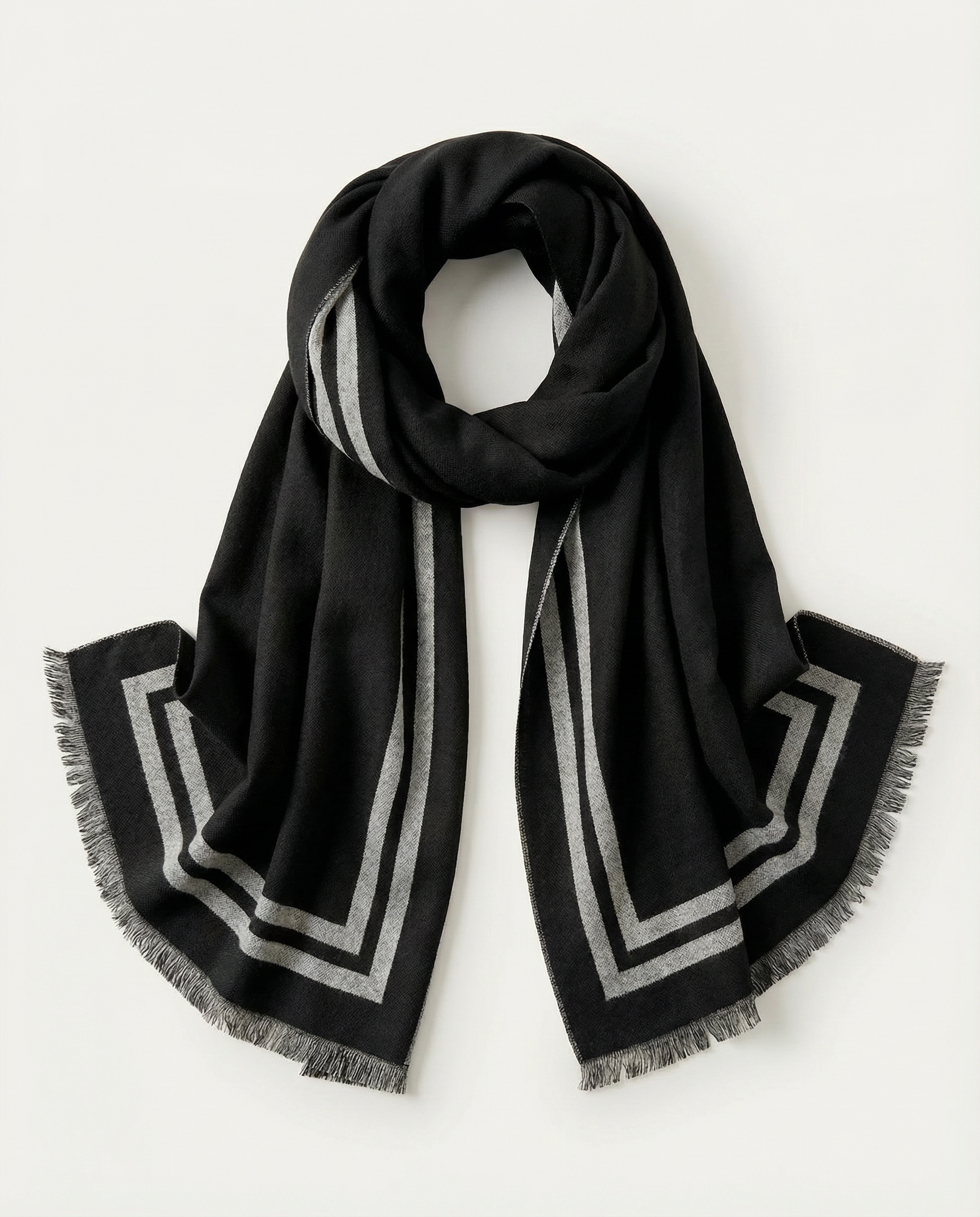 Black scarf with gray geometric patterns on a light gray background