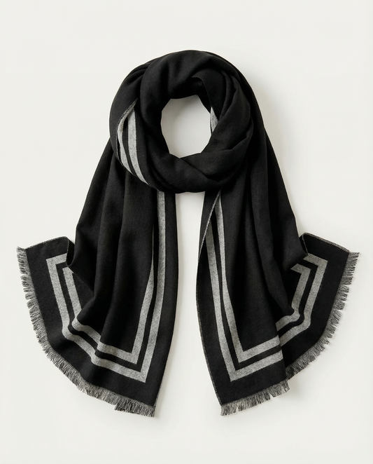 Black scarf with gray geometric patterns on a light gray background