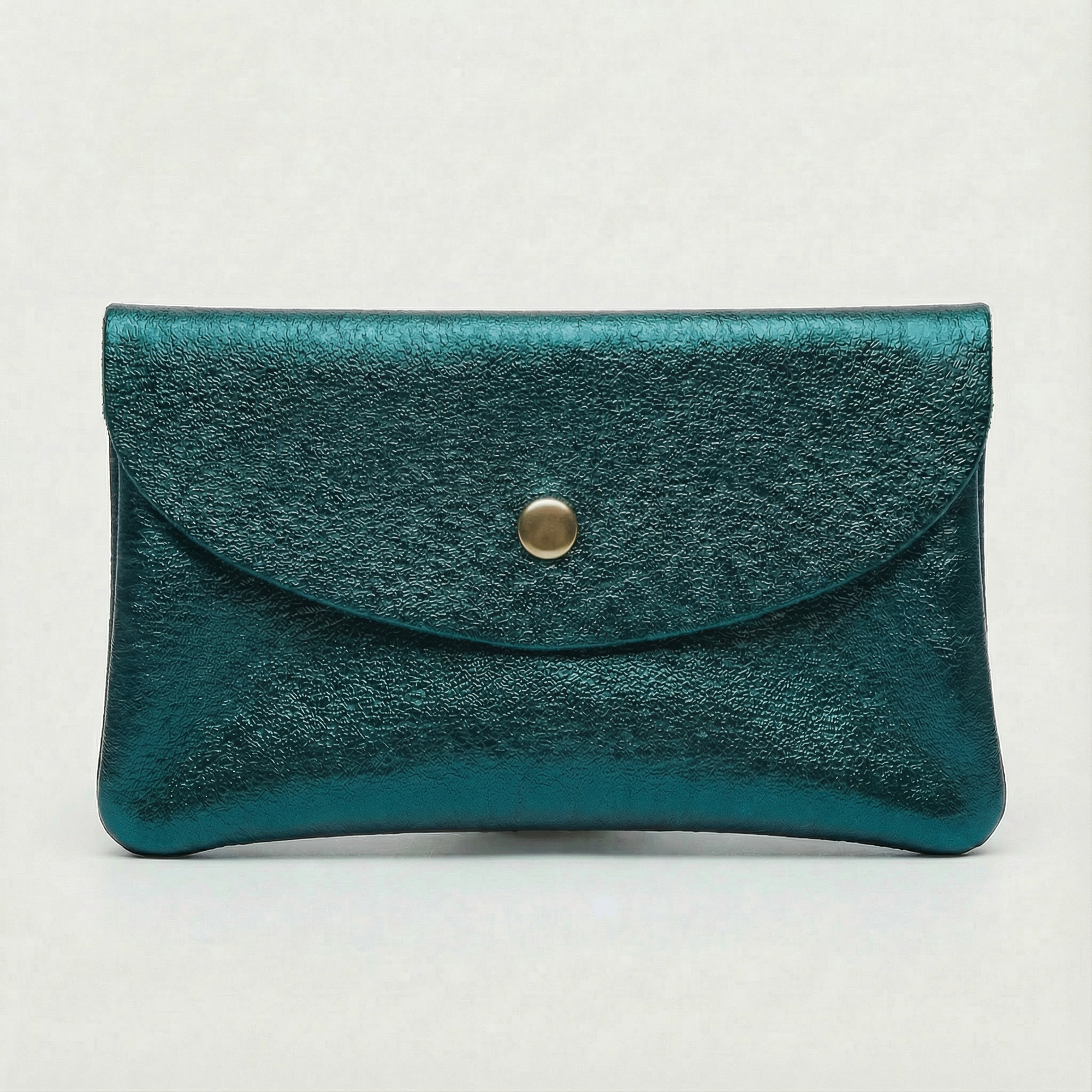 Teal metallic leather wallet available in mini coin wallet, coin wallet, and cellphone wallet sizes.