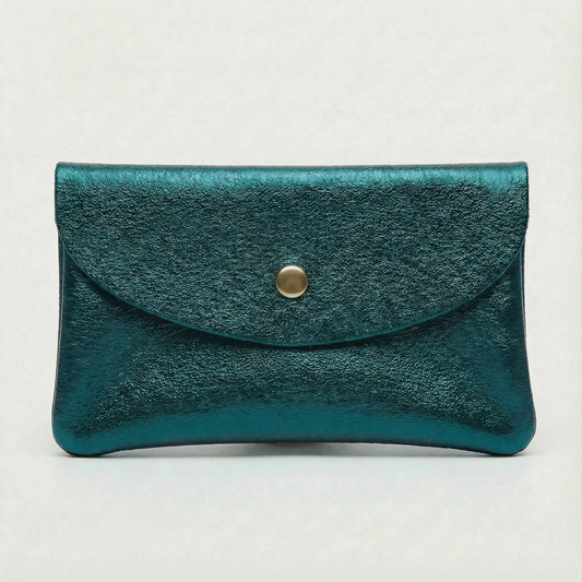 Teal metallic leather wallet available in mini coin wallet, coin wallet, and cellphone wallet sizes.