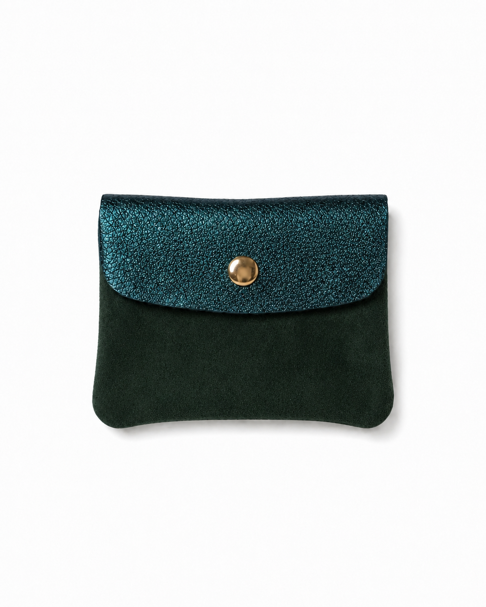 Mini Coin Suede Wallet in Teal Two-Tone with premium leather, soft suede, and a secure snap-button closure.