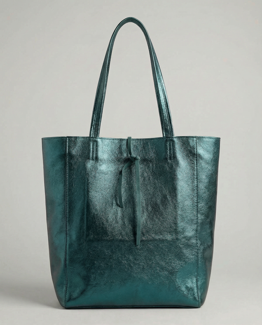 Teal metallic leather tote bag available in Tote Bag and Mini Tote sizes. 